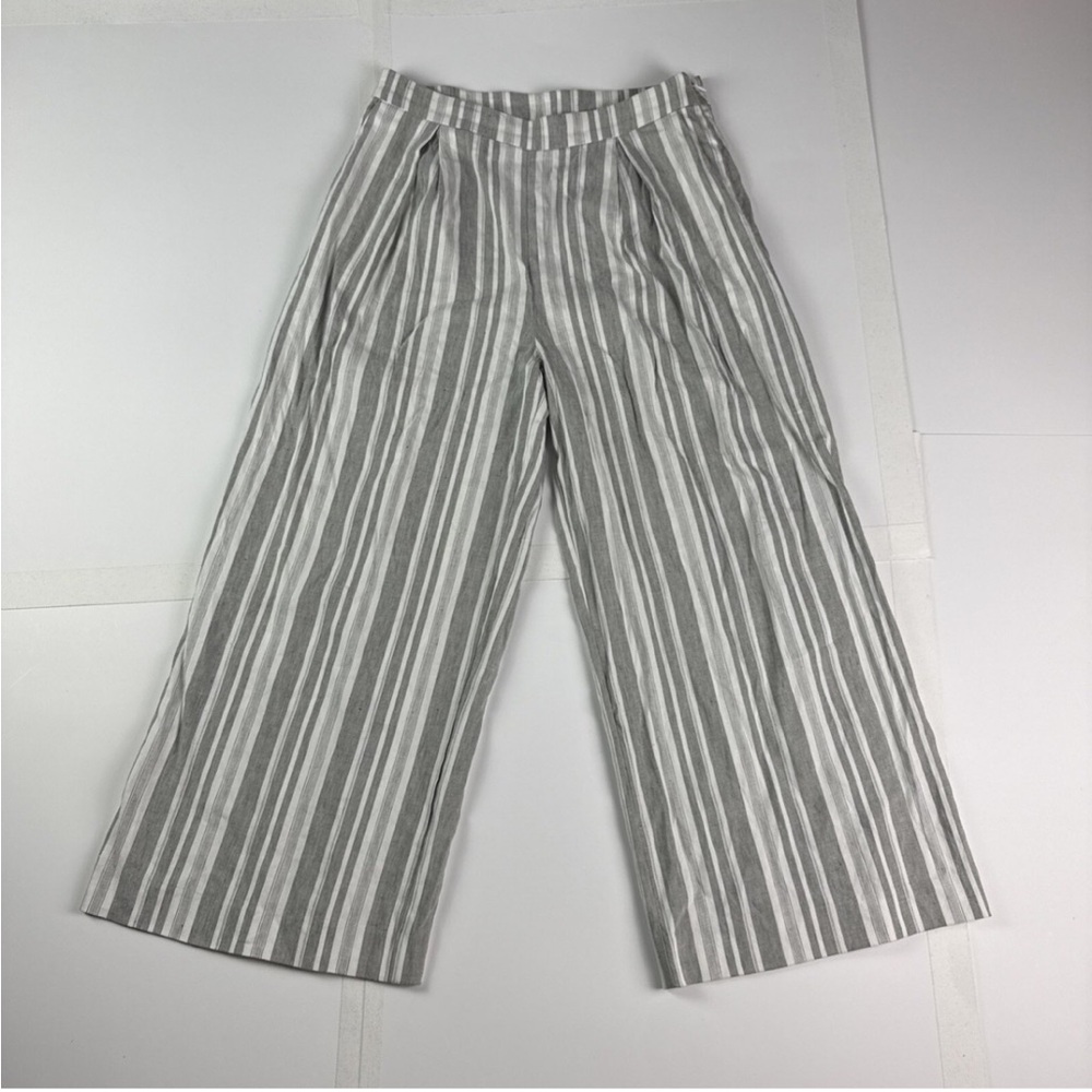 Vince Camuto Gray and White Linen Blend Vertical Stripe Wide-Leg Pants